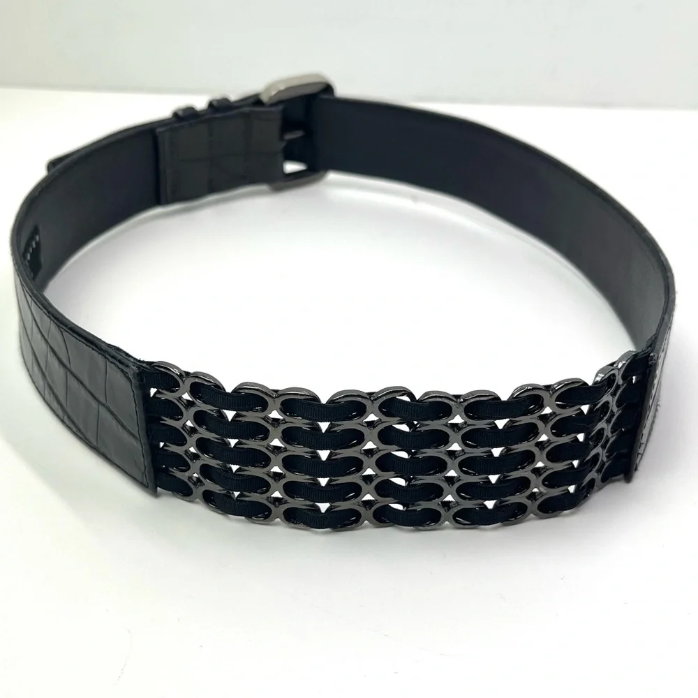 Suzi Roher Women's Black Stretch Embossed Leather Statement Chain Belt